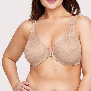 Glamorise Front-Closure Stretch Lace WonderWire Bra - Cafe - 34F